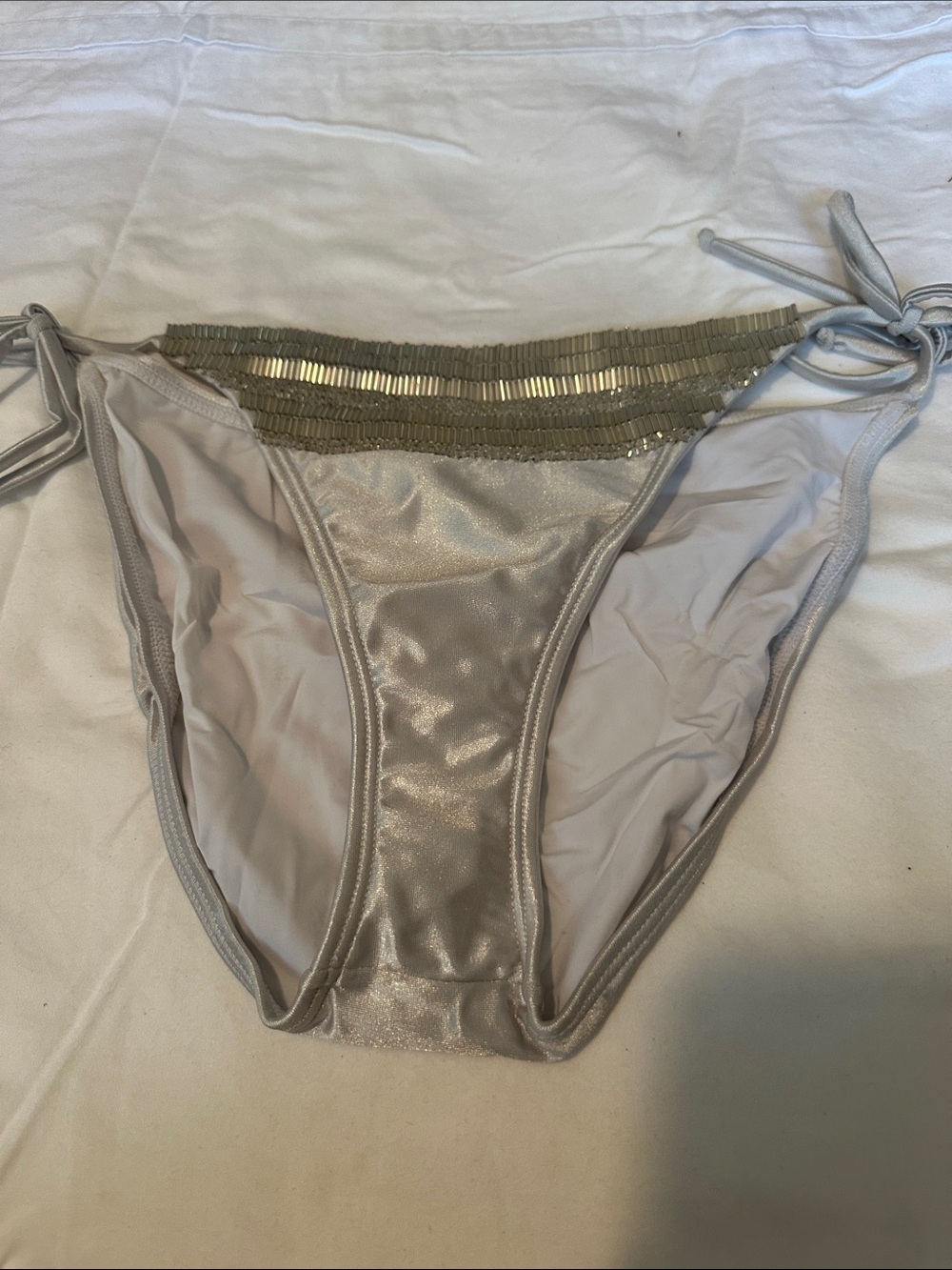 Vix Silver Shimmer Tie-Side Bikini Bottom with Gold Trim